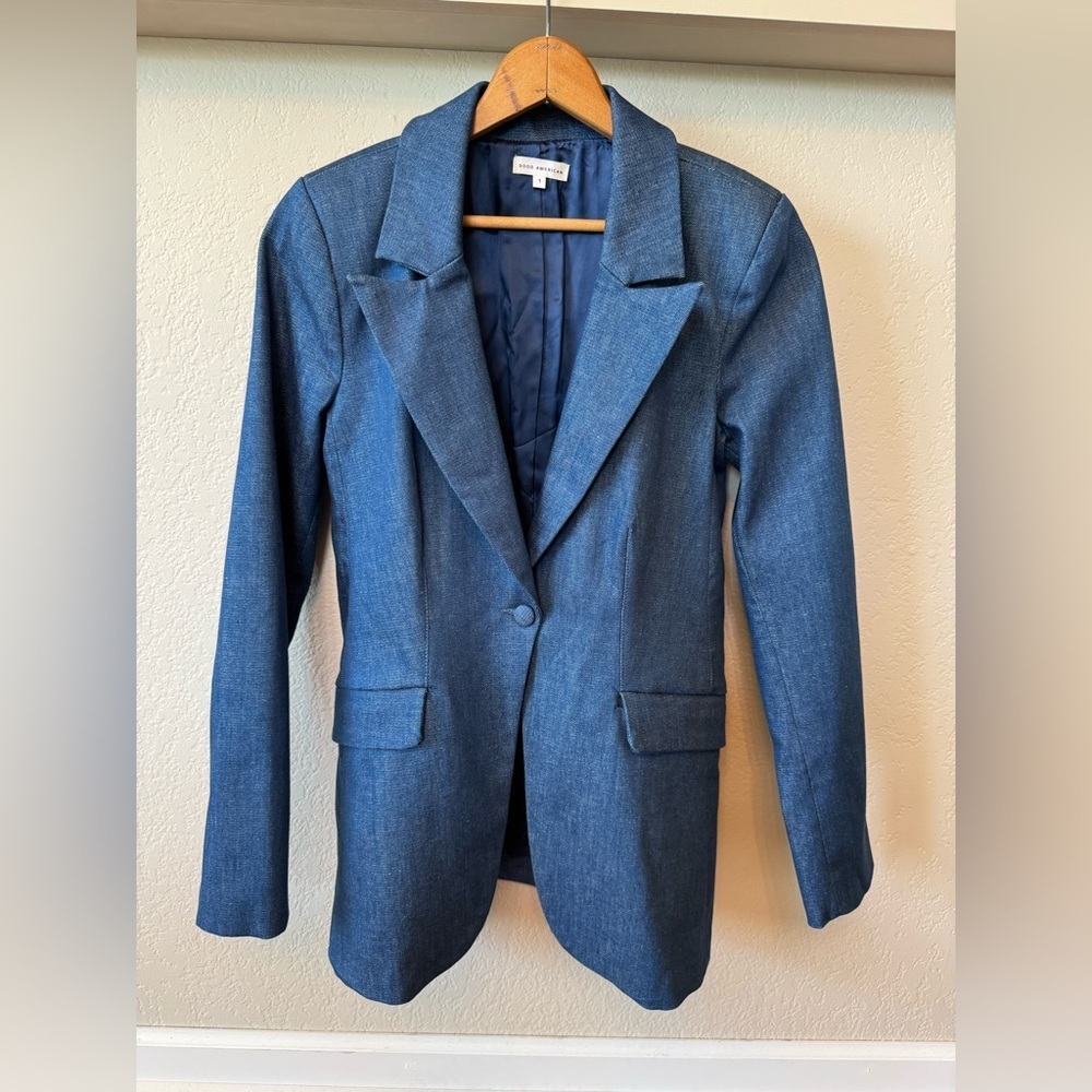 Good American Notch Lapel Chambray Blazer Denim Lined Women’s Sz 1